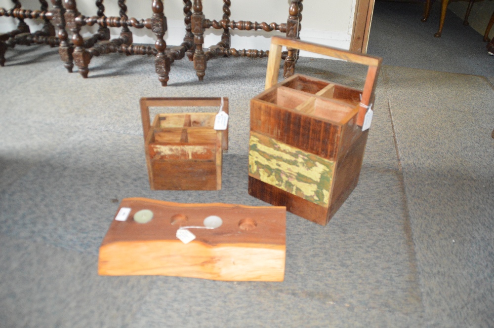 A yew wood candle holder and two four division bot