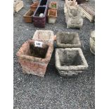 4x square planters, two matching at approx. 20cm, tw