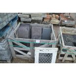 Two boxes of slate and a small quantity of black ridging tiles