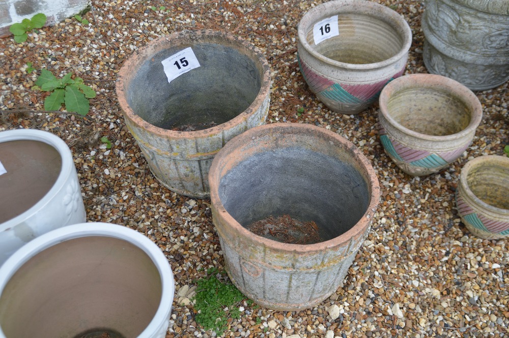 2x barrel style terracotta planters - one obviousl