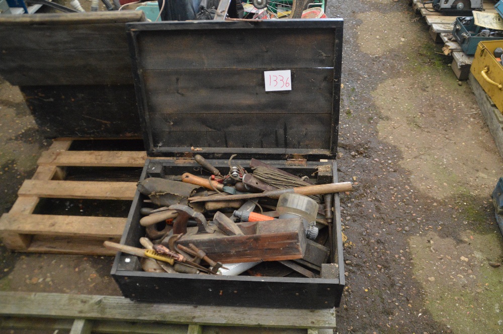 A large wooden toolbox and contents of tools inclu