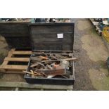 A large wooden toolbox and contents of tools inclu