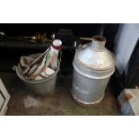 A galvanised churn, galvanised bucket, three vario