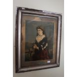 A Victorian coloured print in gilt picture frame, a poster & gilt frame and an oil on canvas still