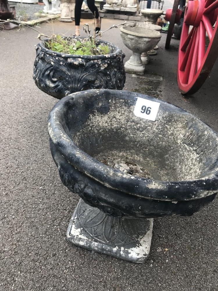 2x black pre-cast garden planters, one approx. 42cm