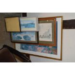 Three coloured prints, two pottery WC plaques and