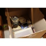 A box containing oriental blue and white teapot, t