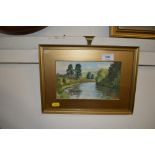 A framed watercolour study of a river scene, signe