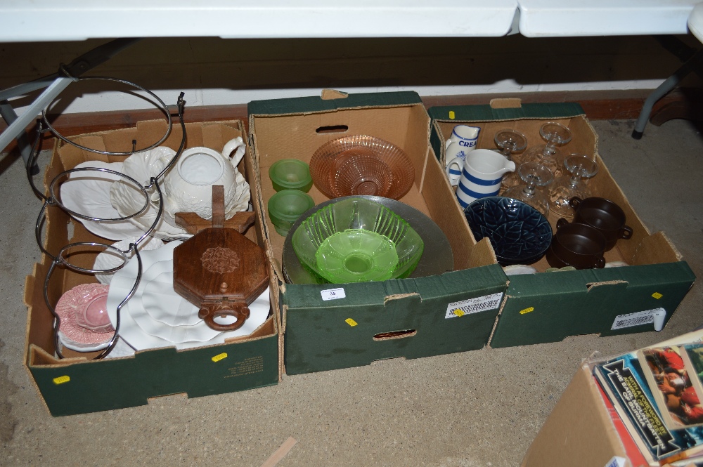 Three boxes containing a cake stand, Art Deco gree