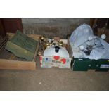 Two boxes containing various light fittings; cloth