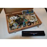 A box of assorted costume jewellery and plated cha