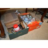 Two boxes of various sundry china; a wicker basket