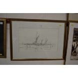 Pencil signed landscape study entitled "Barges On
