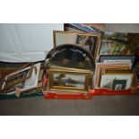 Three boxes of various pictures, prints and mirror