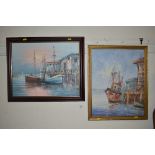 A framed oil on board study depicting a harbour sc