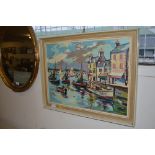 An unsigned oil on board depicting a harbour scene