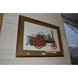 A framed print depicting a steam engine