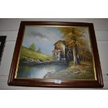 A signed oil on canvas depicting a water mill