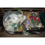 Five boxes and a bag of various artificial flowers