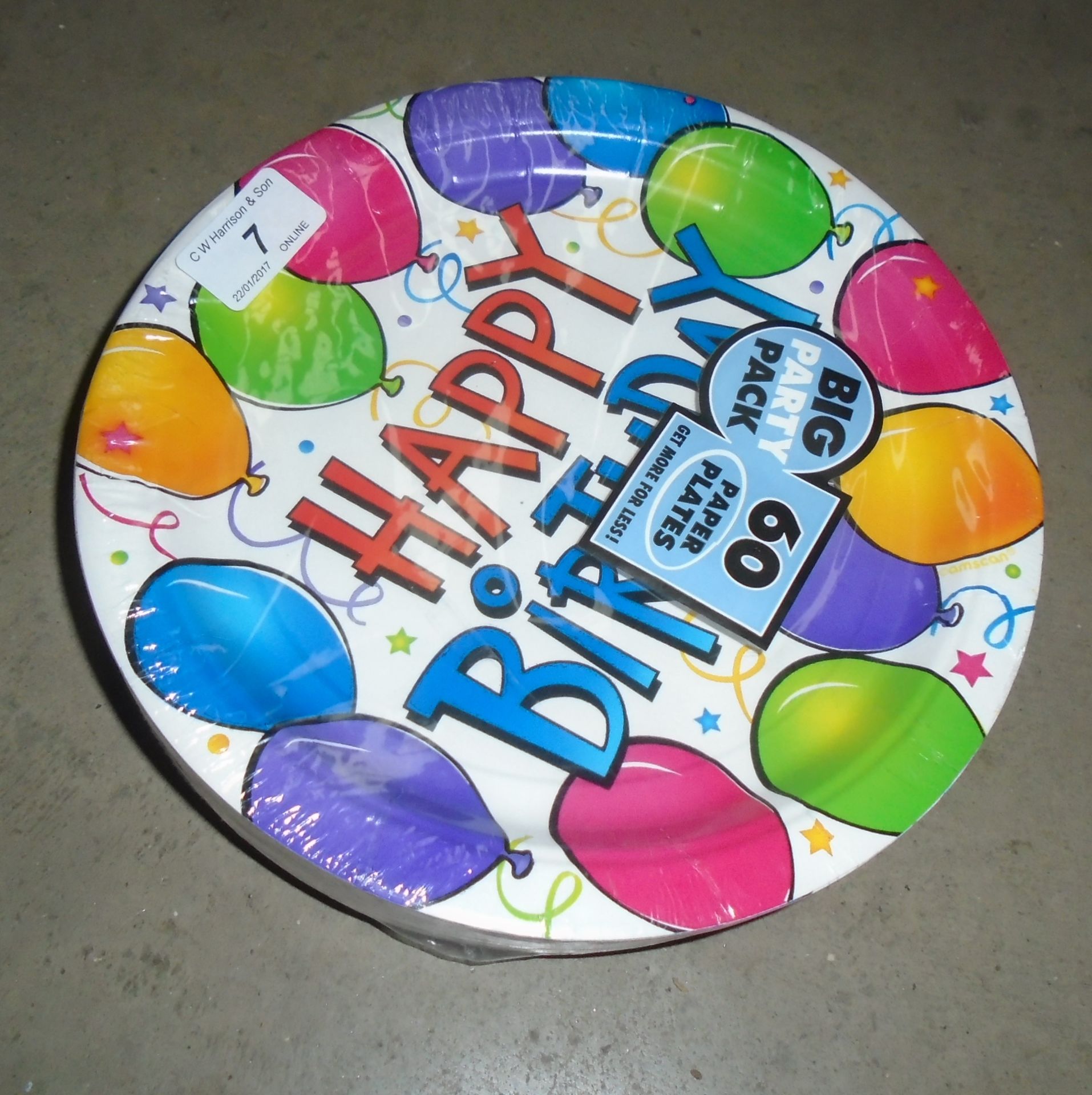 114 x packs of 60 Happy Birthday paper plates (19 outer boxes)