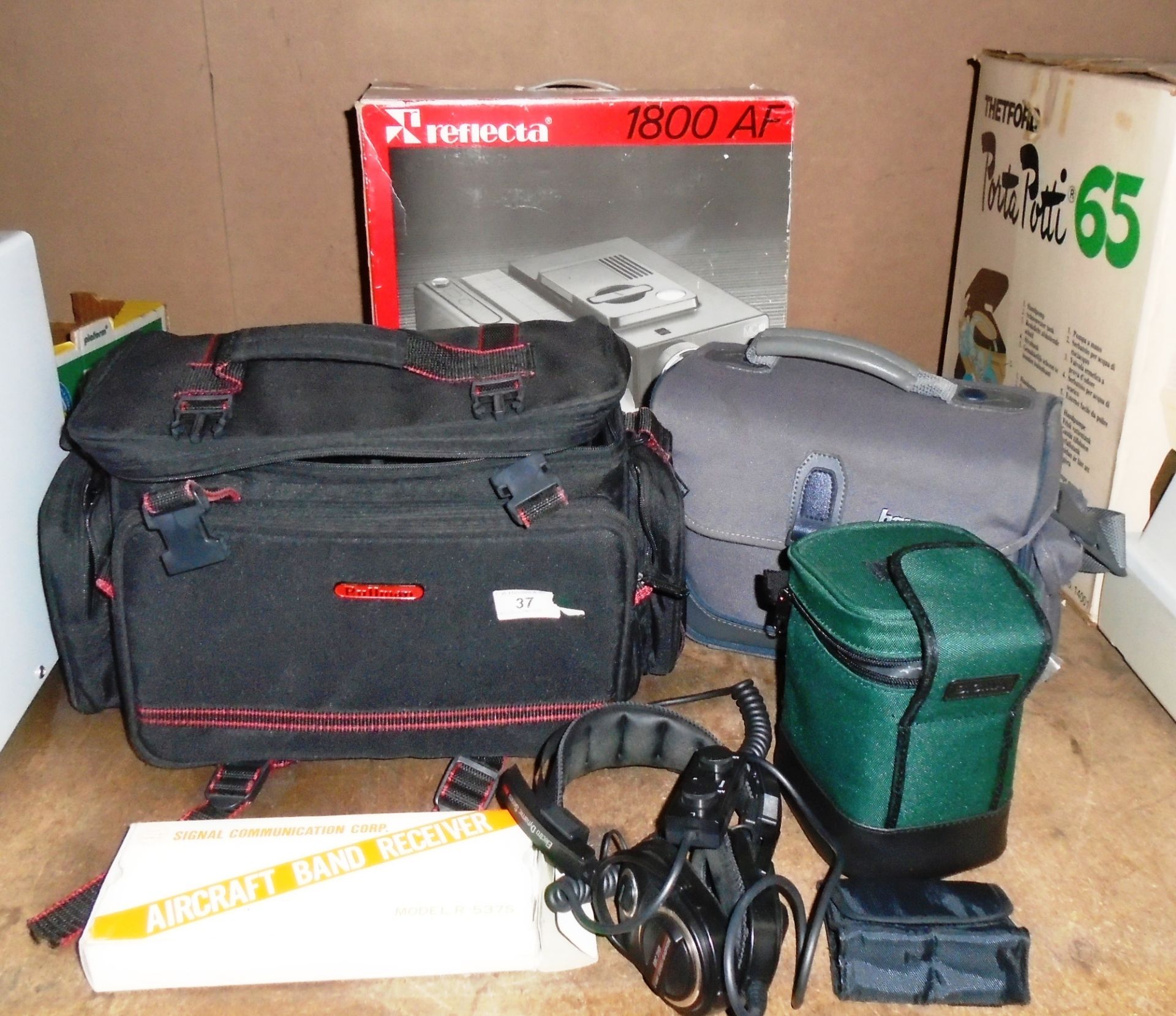 Signal Communication Corps aircraft band receiver, camcorder bags, Electro Dynamic headphones,