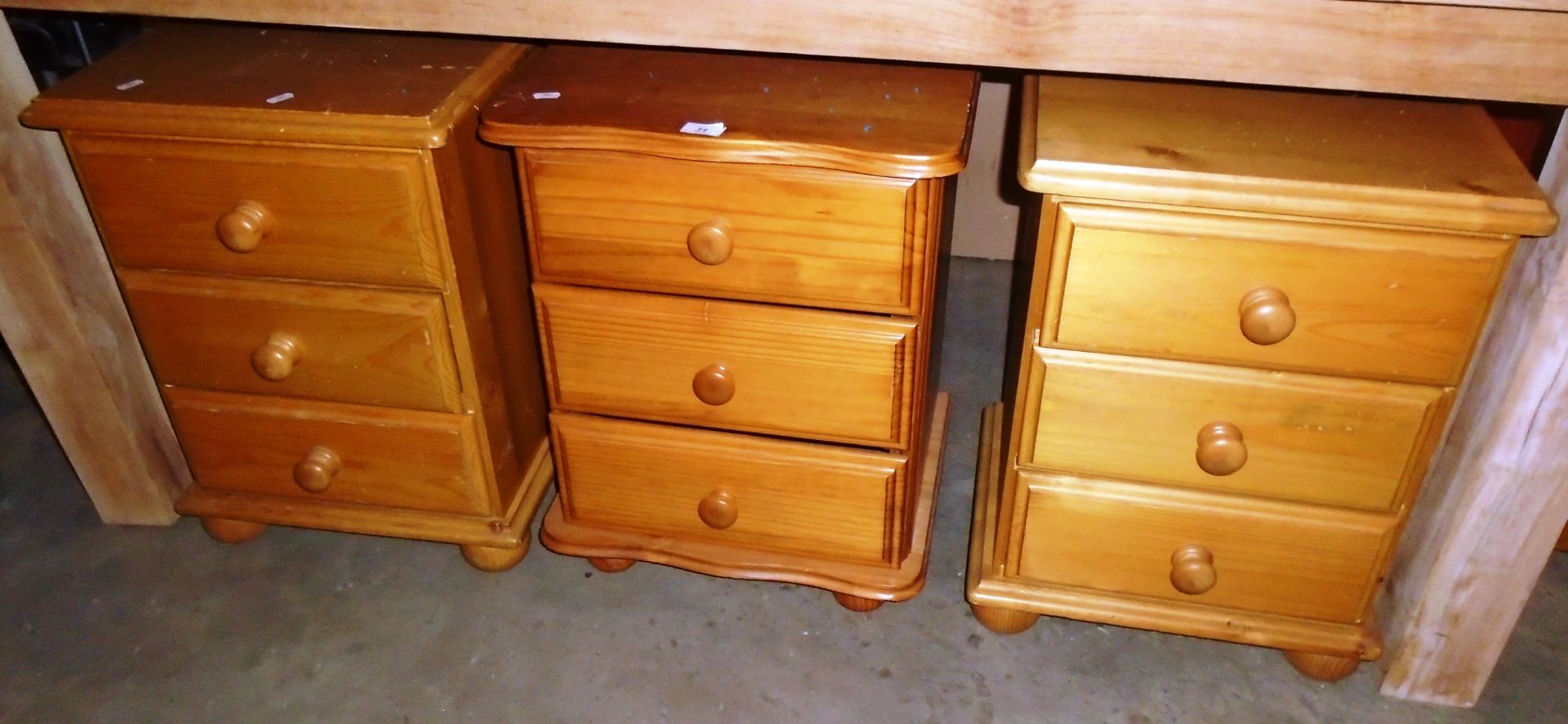 3 x pine three drawer bedside cabinets