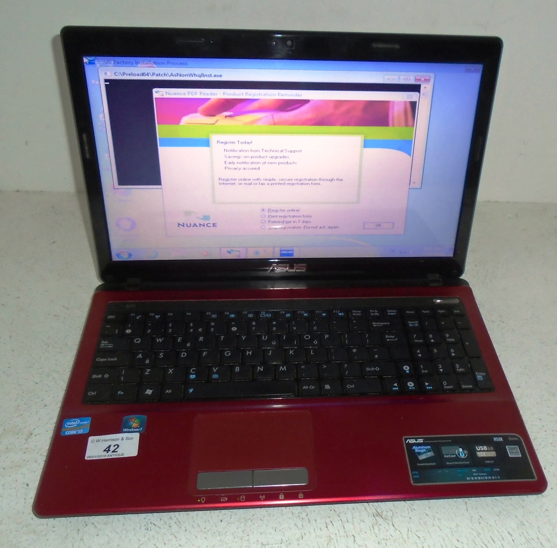 An Asus X53E laptop computer with Windows 7 - no charger