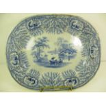 A large blue and white Ferrybridge pottery meat plate [Lewis Woolf & Sons 1851 - 1884] decorated