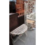 A cream wrought iron half moon table and a cream wrought iron folding garden screen (2)