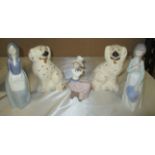 A pair of Royal Doulton Staffordshire style spaniels (#1378-5) and three Nao figures