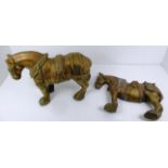 A brass shire horse figure (24cm high) and a brass shire horse half figure