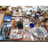A quantity of assorted plated wares including cutlery, three piece Picquot tea service,