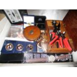 Contents to tray - Treble leather bound surveyor tape measure, wooden box, watch tools,