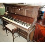 A Rogers London mahogany cased iron framed upright piano 145cm complete with a piano stool