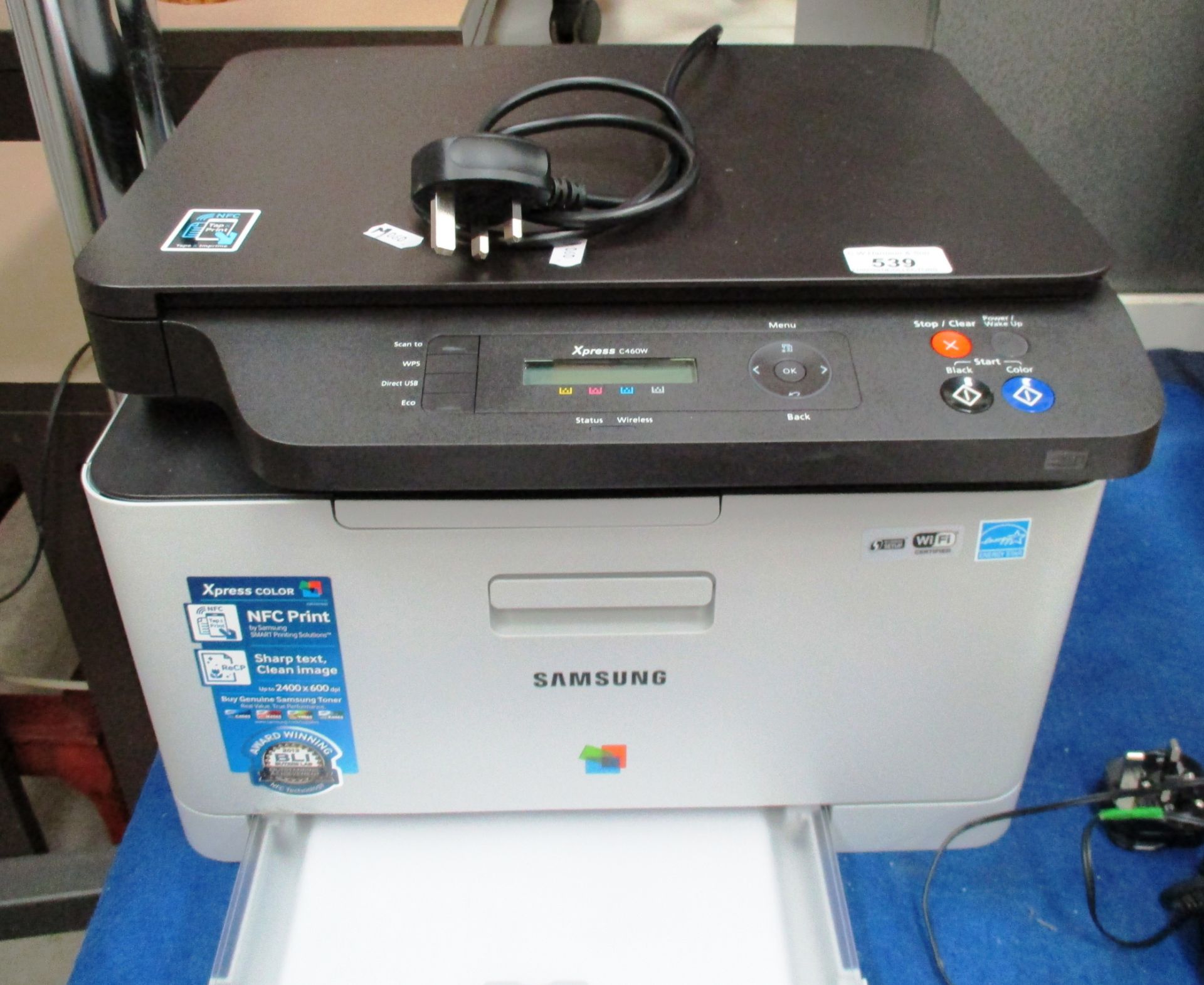 A Samsung Xpress C460W wireless printer complete with power lead