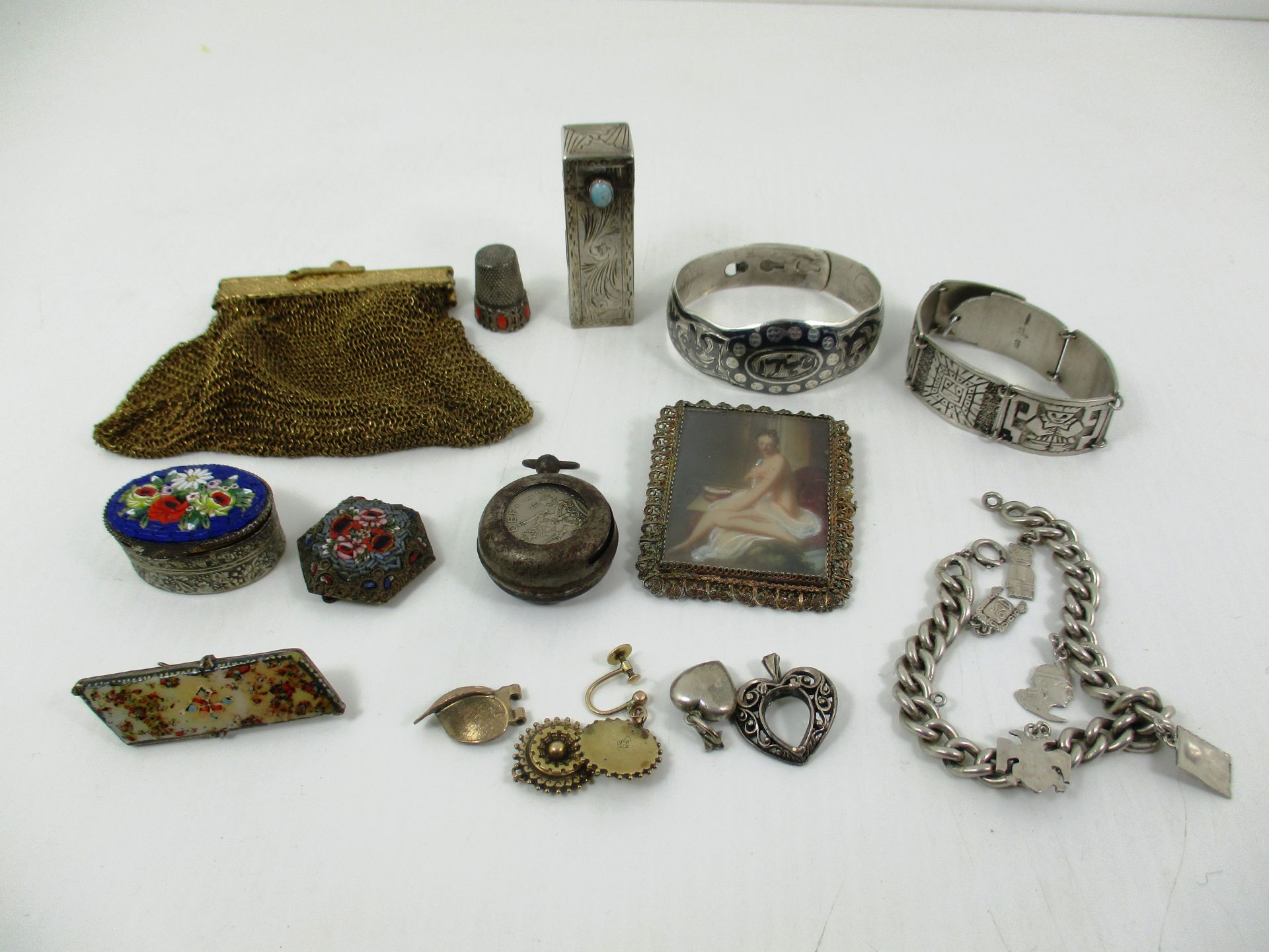 An assortment of items - micro mosaic trinket box, micro mosaic brooch,