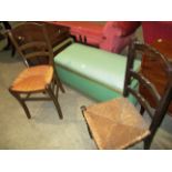 A green woven linen box/stool and 2 country chairs (3)