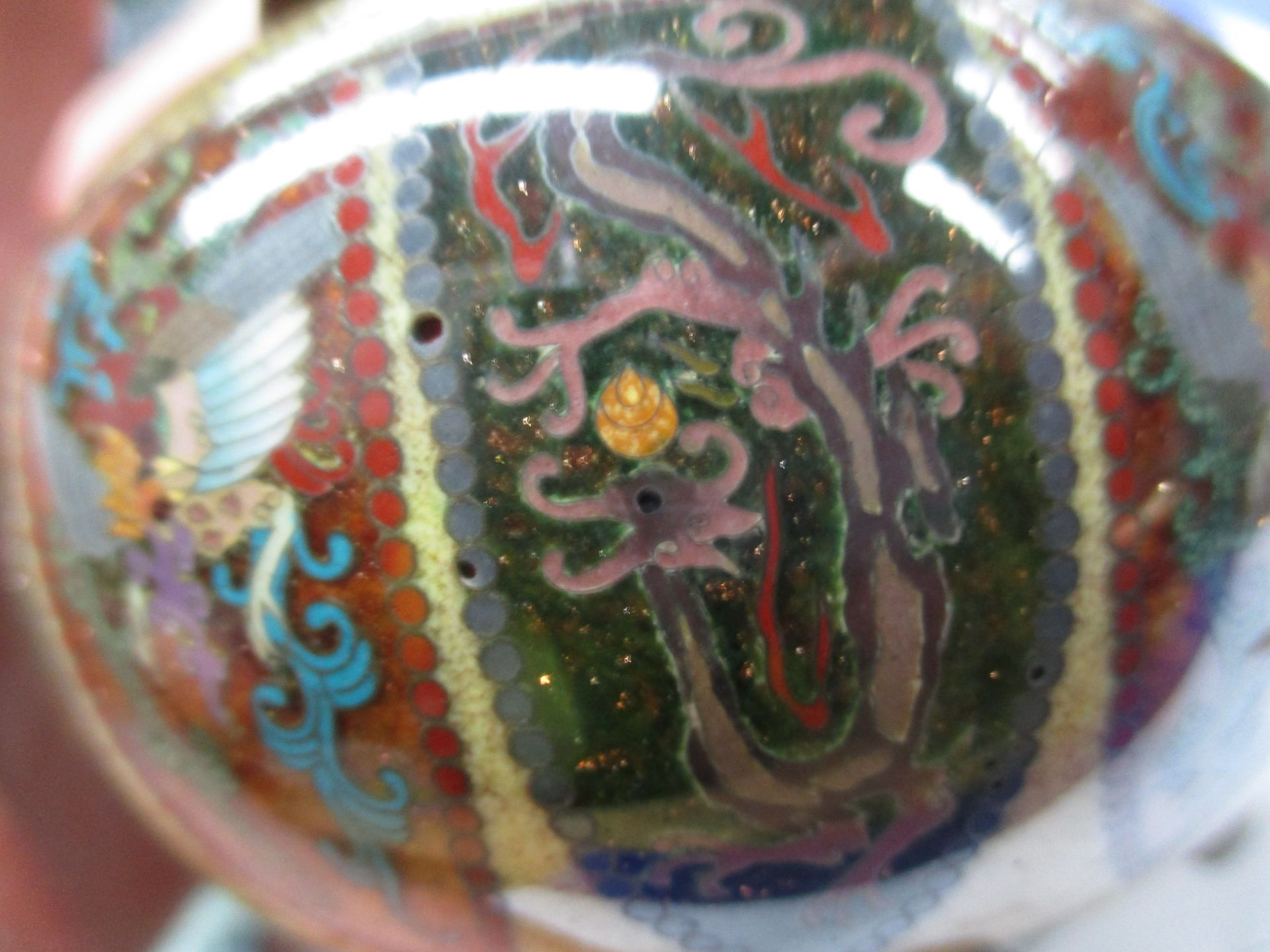 A fine Cloisonné enamel vase/jar with cover - possibly Kyoto Namikawa (unsigned) c/w handwritten - Image 7 of 9