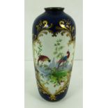 A cobalt blue and gilt enamelled cloisonné vase decorated with peacock design