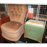 A light brown upholstered low bedroom chair and a Lloyd Loom Lusty bathroom basket/stool