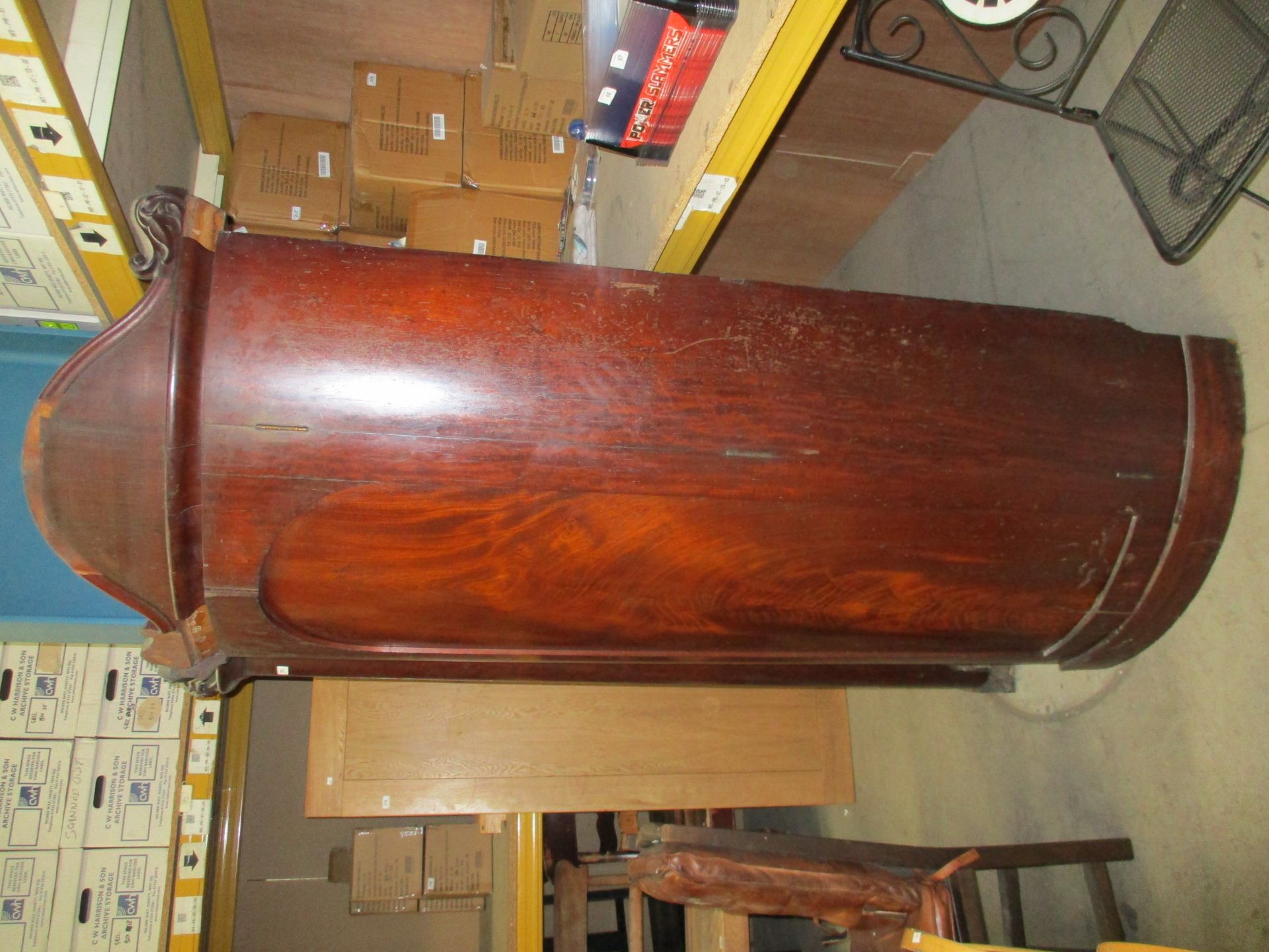 An unusual pair of Victorian curved mahogany corner wardrobes with damages each approx 80cm x 214cm - Image 8 of 25