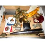 Contents to tray - quantity of small decorative brassware figures, a carved wooden meerkat figure,