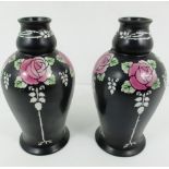 A pair of Shelley vases decorated with rose pattern on a black ground [#799/8103]