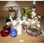 A Masons 'Mandalay' patterned table lamp and jug, Eastgate Fauna pottery vase,
