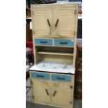 A cream and blue painted aluminium kitchen utility cabinet 85 x 189cm high