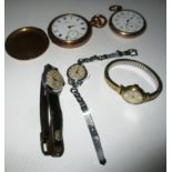 Two American Watch Co gold plated cased Waltham pocket watches, a Smiths Empire wristwatch,