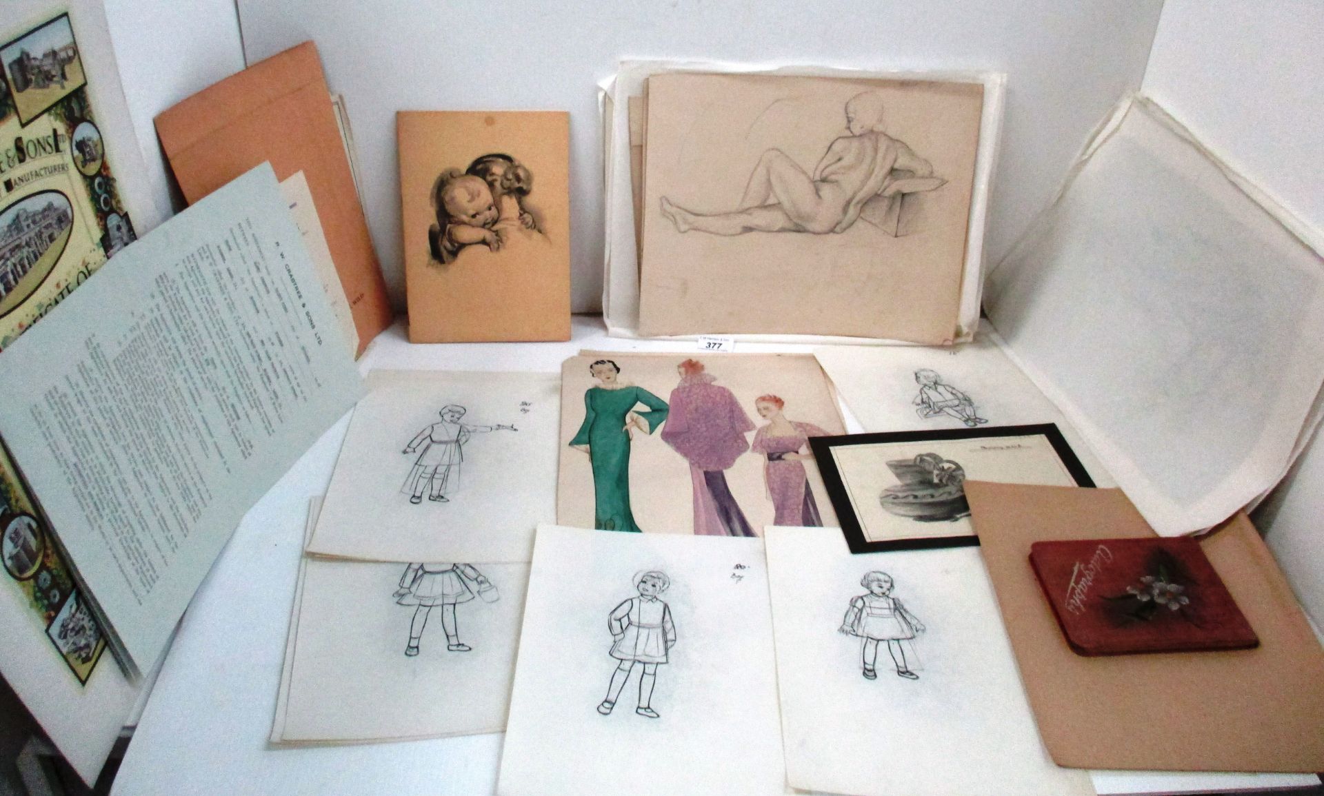 Contents to a blue Revelation suitcase - preparatory sketches and pen and wash sketches for women's