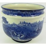 A Royal Doulton blue and white jardiniere decorated with country scene [22cm x 18cm]