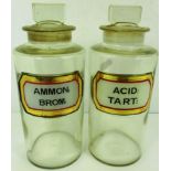 Two glass chemical jars with lids - Ammon/Brom & Acid/Tart [24cm high]