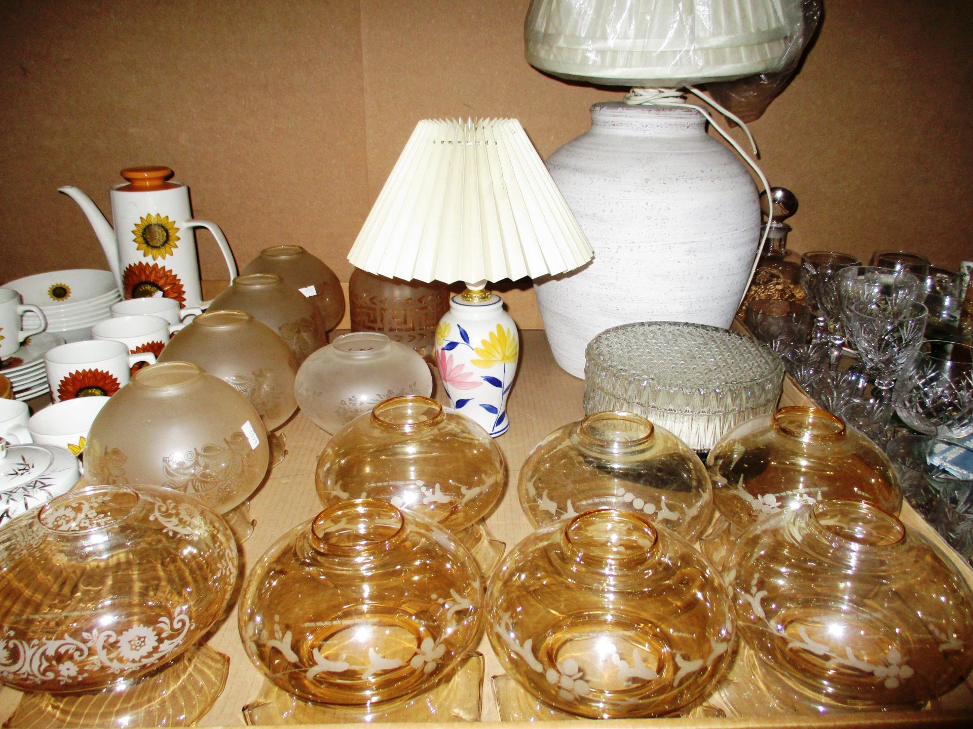 A set of 6 glass light shades, a set of 4 glass lamp shades, a diamond cut glass bowl ceiling light,